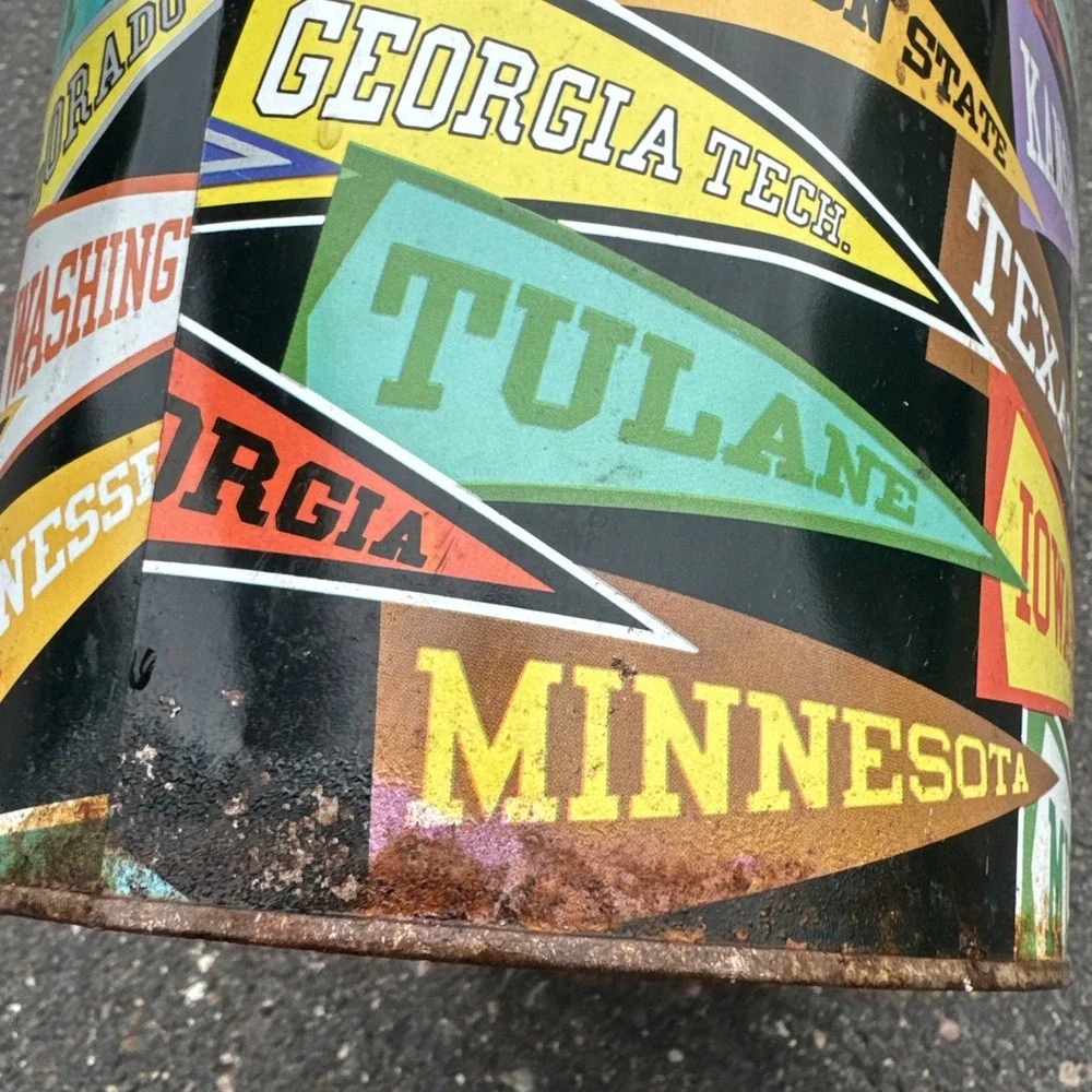 Vtg Decoware College Pennant Flags Metal Tin Trash Can Waste Paper Basket USA